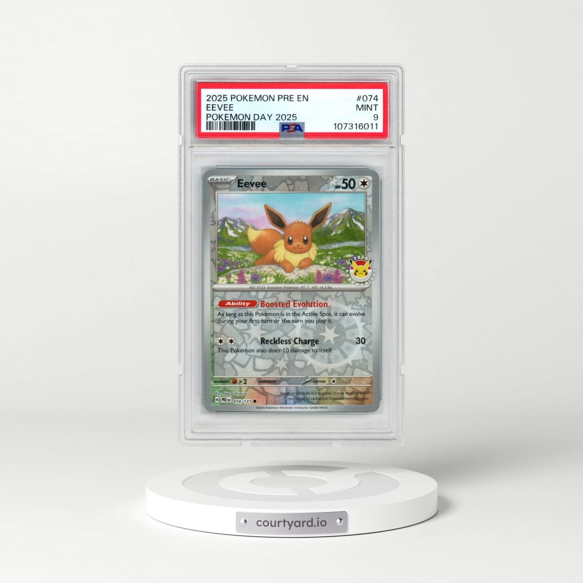 2025 Pokémon Pre EN-Prismatic Evolutions #074 Eevee - Pokemon Day 2025 (PSA 9 MINT)