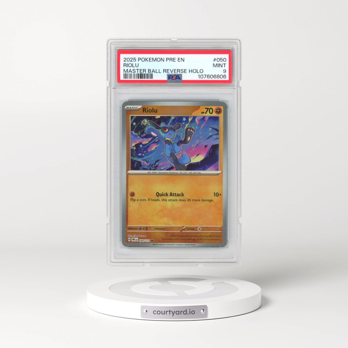 2025 Pokémon Pre EN-Prismatic Evolutions #050 Riolu - Reverse Holo Master Ball (PSA 9 MINT)