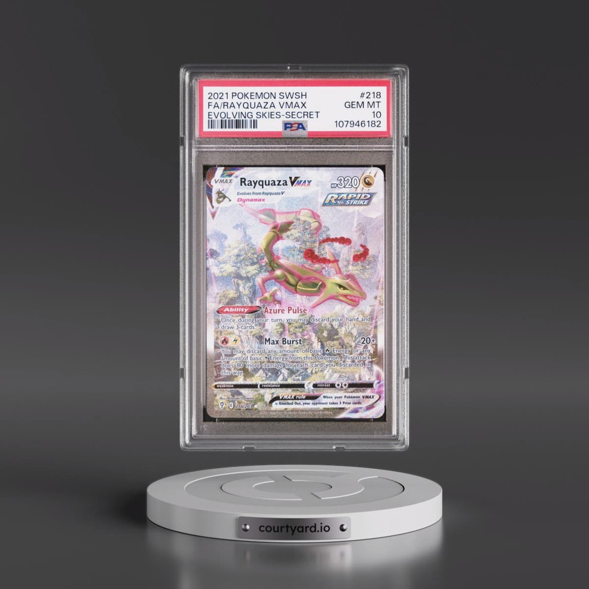2021 Pokémon Sword & Shield Evolving Skies #218 Rayquaza Vmax - Full Art Secret (PSA 10 GEM MINT)