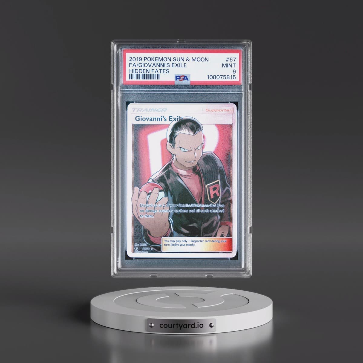 2019 Pokémon Sun & Moon Hidden Fates #67 Giovanni's Exile - Full Art (PSA 9 MINT)