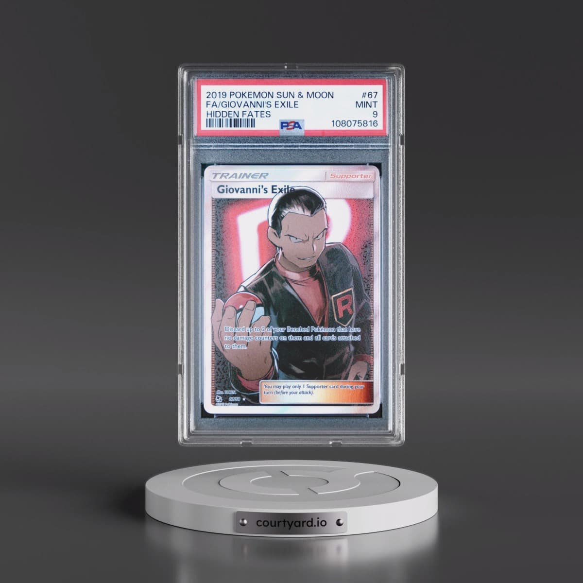 2019 Pokémon Sun & Moon Hidden Fates #67 Giovanni's Exile - Full Art (PSA 9 MINT)