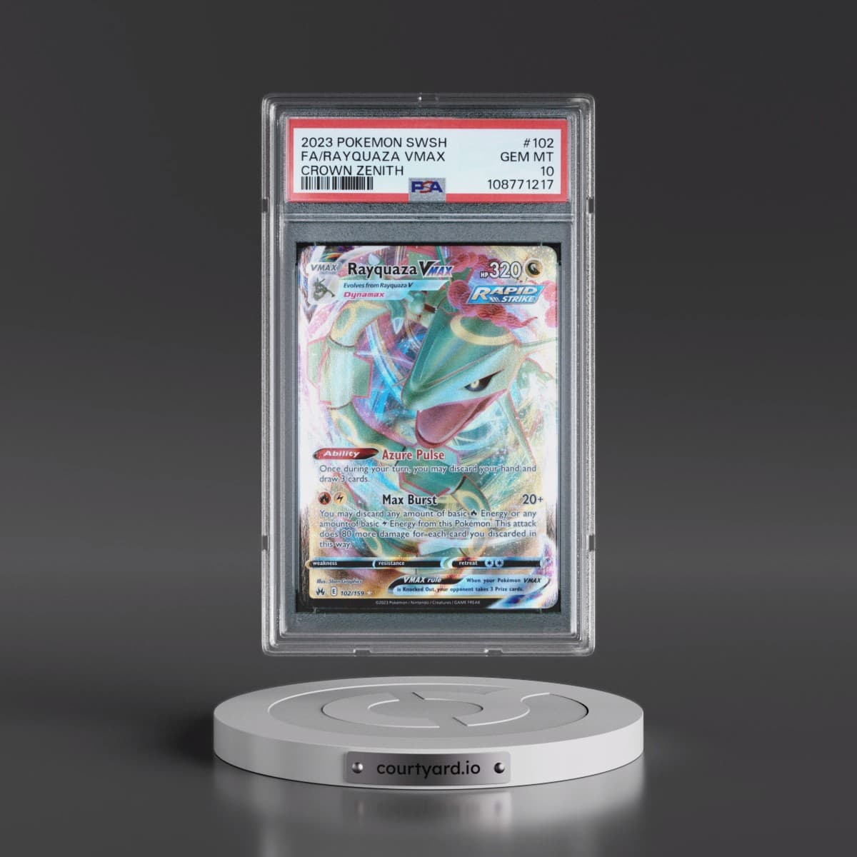 2023 Pokémon Sword and Shield Crown Zenith #102 Rayquaza Vmax - Full Art (PSA 10 GEM MINT)