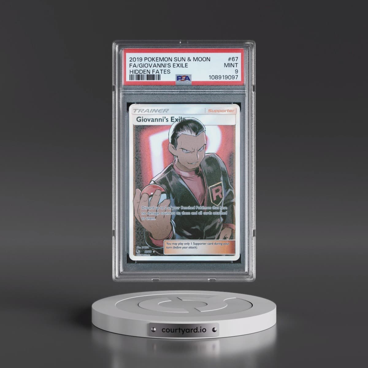 2019 Pokémon Sun & Moon Hidden Fates #67 Giovanni's Exile - Full Art (PSA 9 MINT)