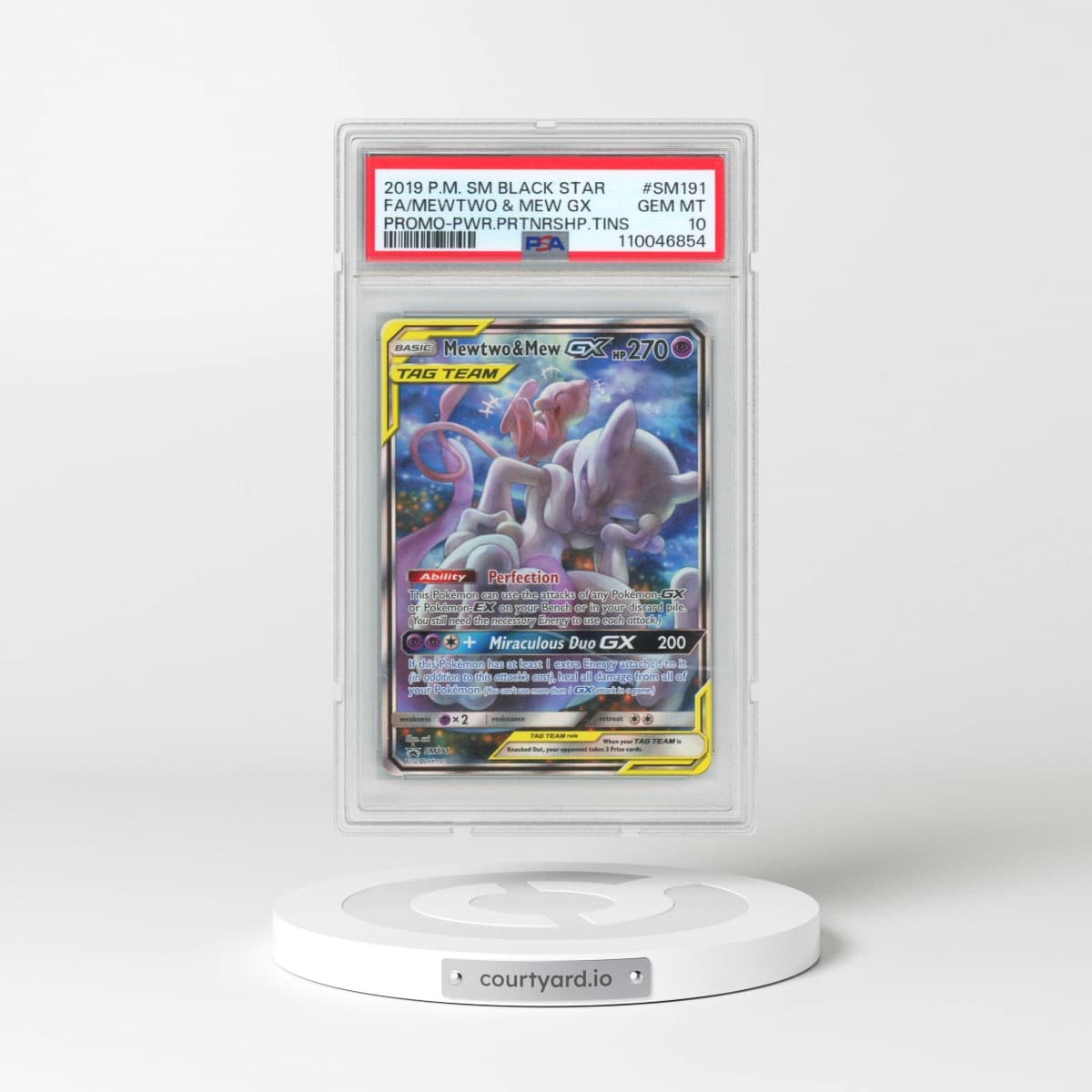 2019 Pokémon SM Black Star Promo #SM191 Mewtwo & Mew GX - Holo Full Art Power Partnership Tins (PSA 10 GEM MINT)