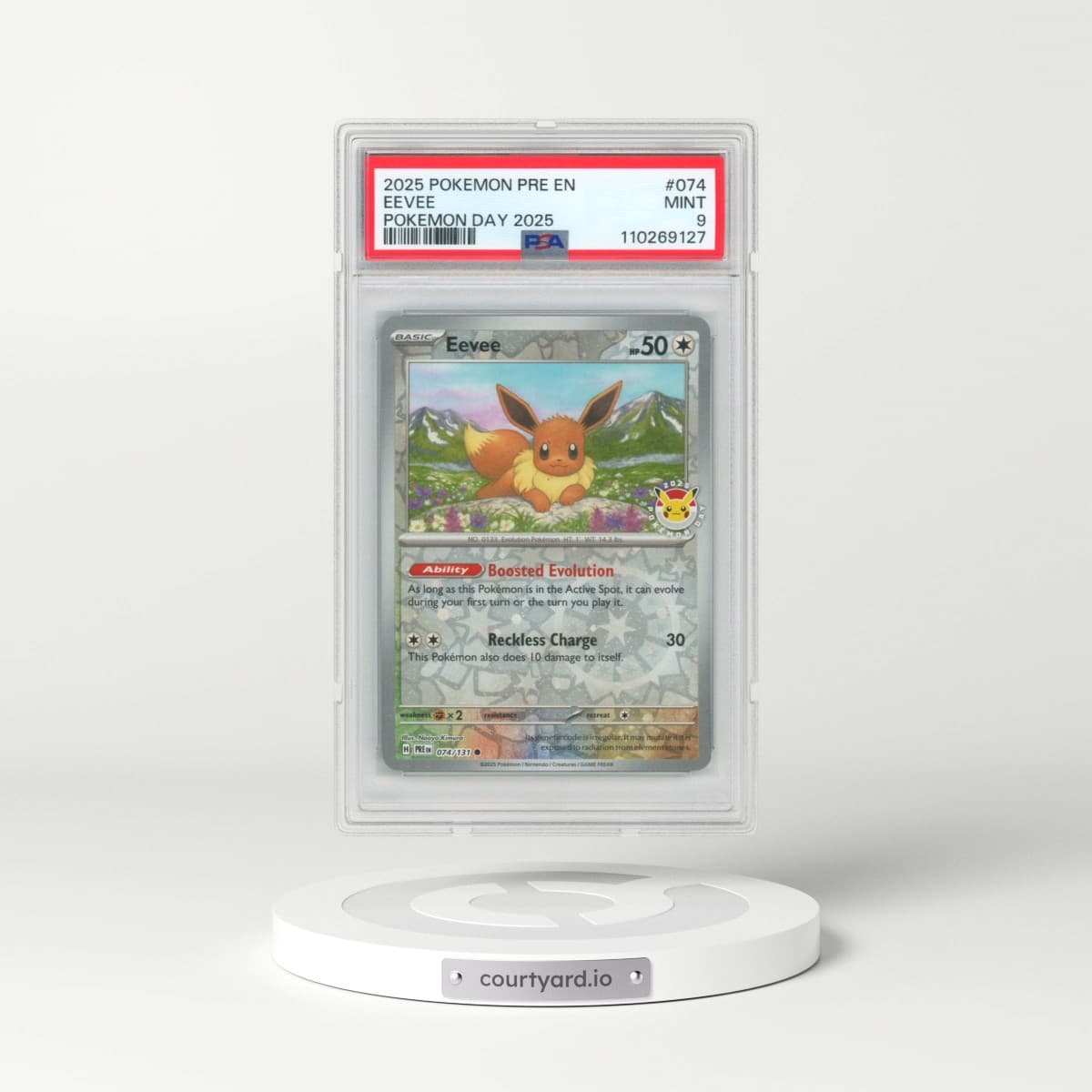 2025 Pokémon Pre EN-Prismatic Evolutions #074 Eevee - Pokemon Day 2025 (PSA 9 MINT)