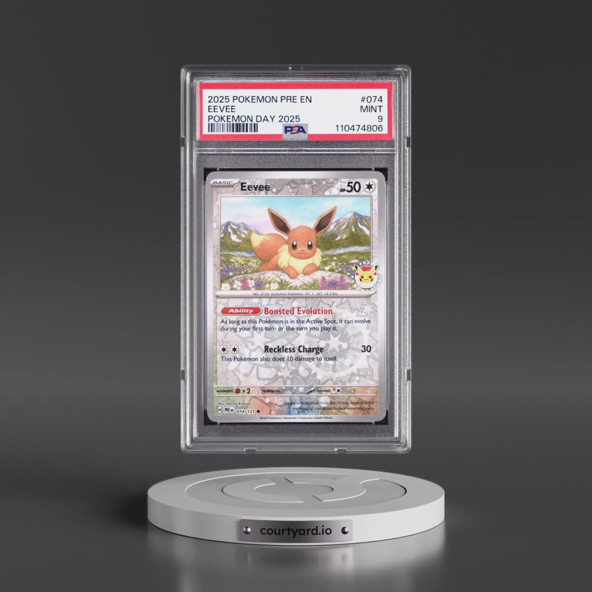2025 Pokémon Pre EN-Prismatic Evolutions #074 Eevee - Pokemon Day 2025 (PSA 9 MINT)