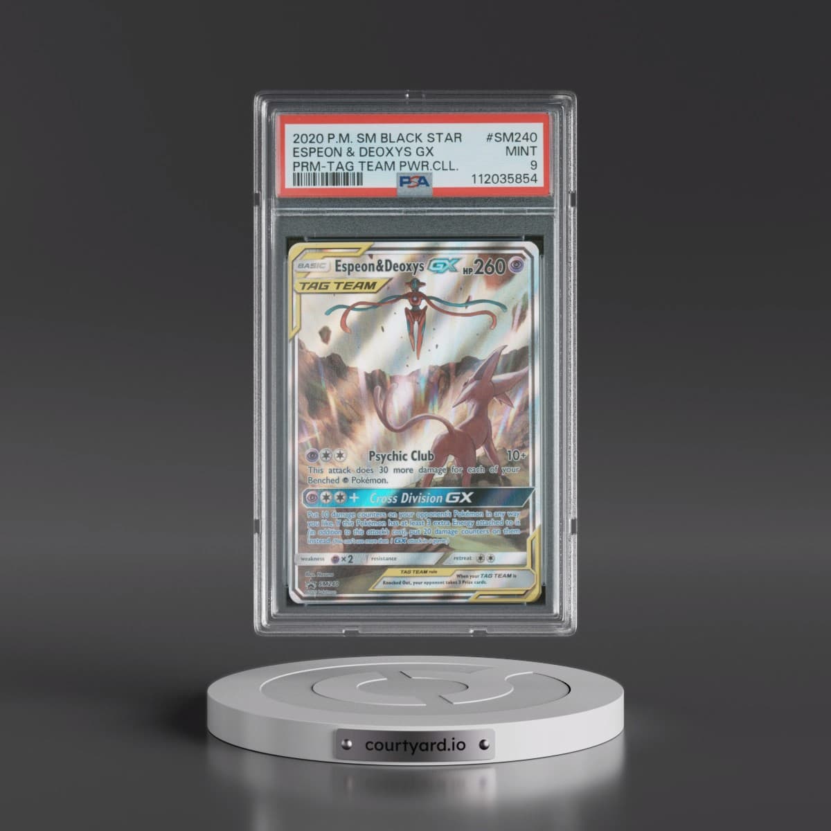 2020 Pokémon SM Black Star Promo #SM240 Espeon & Deoxys GX - Holo Tag Team Powers Collection (PSA 9 MINT)