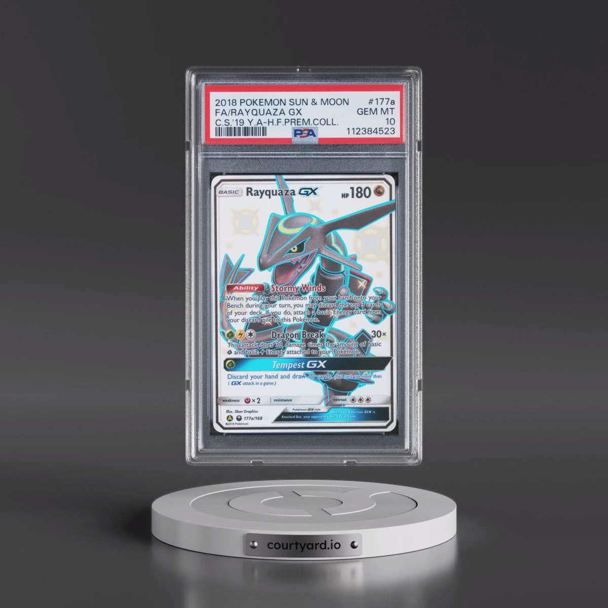 2018 Pokémon Sun & Moon Celestial Storm #177a Rayquaza GX - Holo Full Art 2019 Yellow A Hidden Fates Premium Collection (PSA 10 GEM MINT)