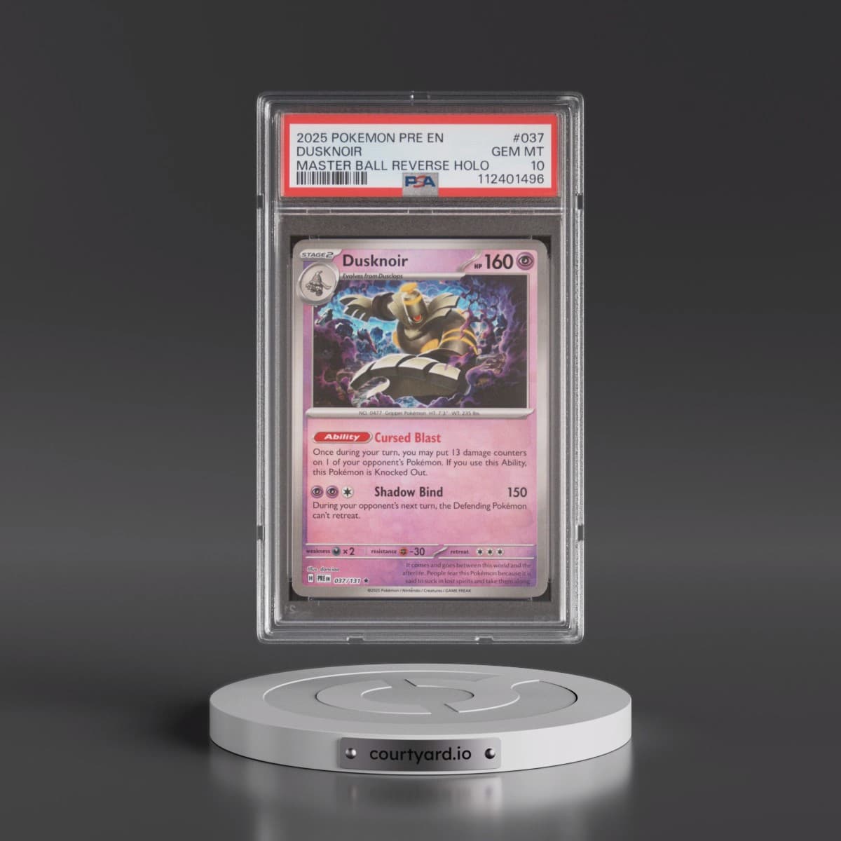 2025 Pokémon Pre EN-Prismatic Evolutions #037 Dusknoir - Reverse Holo Master Ball (PSA 10 GEM MINT)