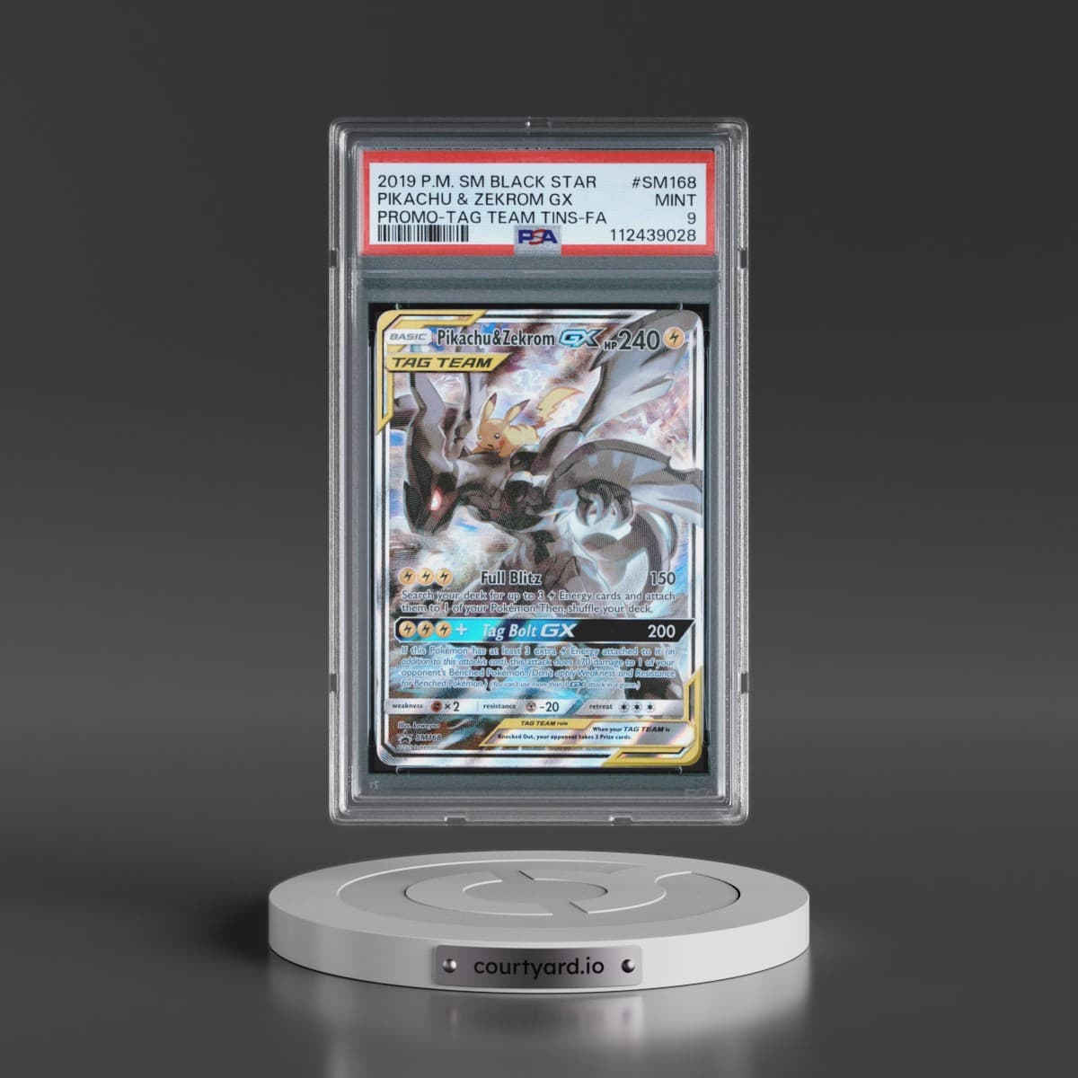 2019 Pokémon SM Black Star Promo #SM168 Pikachu & Zekrom GX - Holo Full Art Tag Team Tins (PSA 9 MINT)