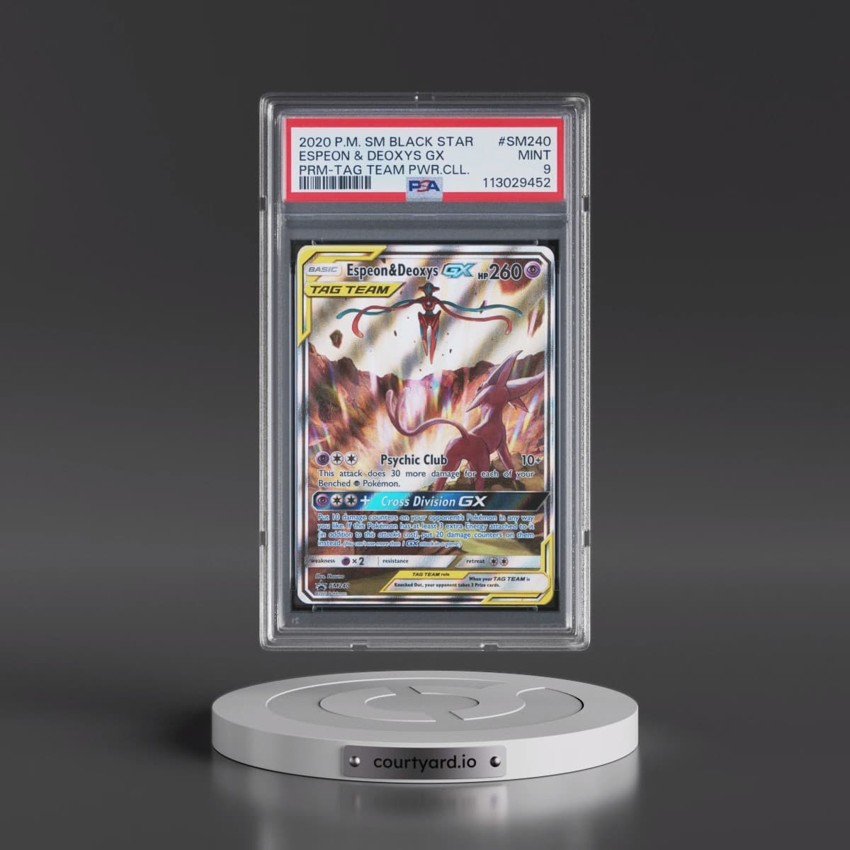 2020 Pokémon SM Black Star Promo #SM240 Espeon & Deoxys GX - Holo Tag Team Powers Collection (PSA 9 MINT)