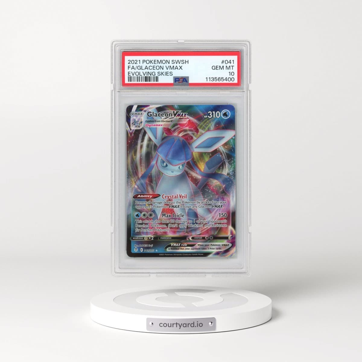 2021 Pokémon Sword & Shield Evolving Skies #041 Glaceon Vmax - Full Art (PSA 10 GEM MINT)