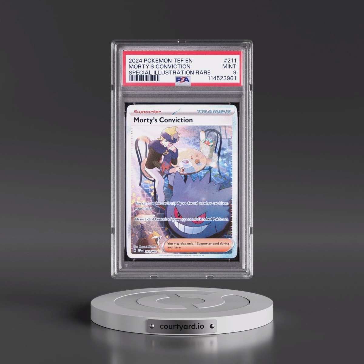 2024 Pokémon Tef EN-Temporal Forces #211 Morty's Conviction - Special Illustration Rare (PSA 9 MINT)