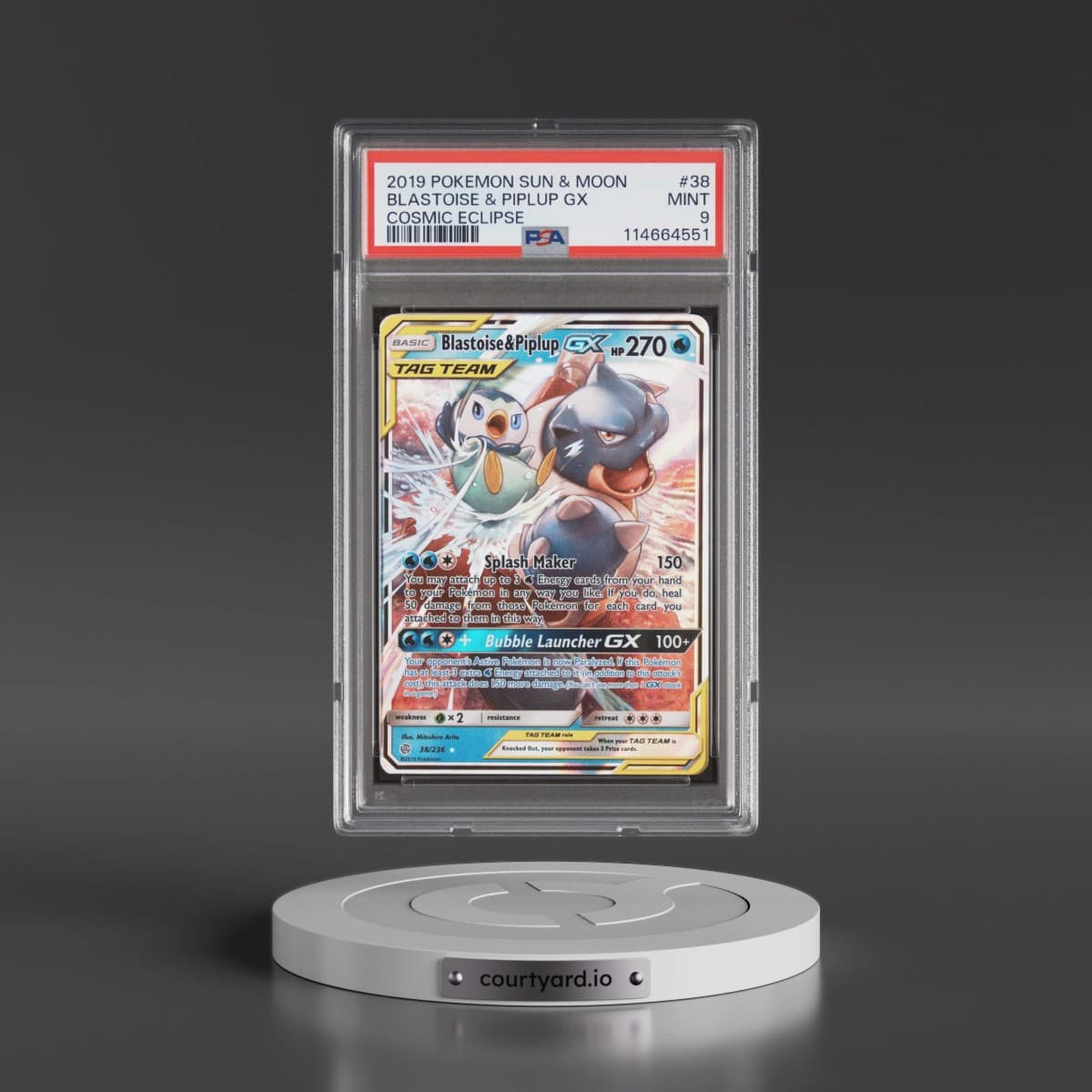 2019 Pokémon Sun & Moon Cosmic Eclipse #38 Blastoise & Piplup GX - Holo (PSA 9 MINT)