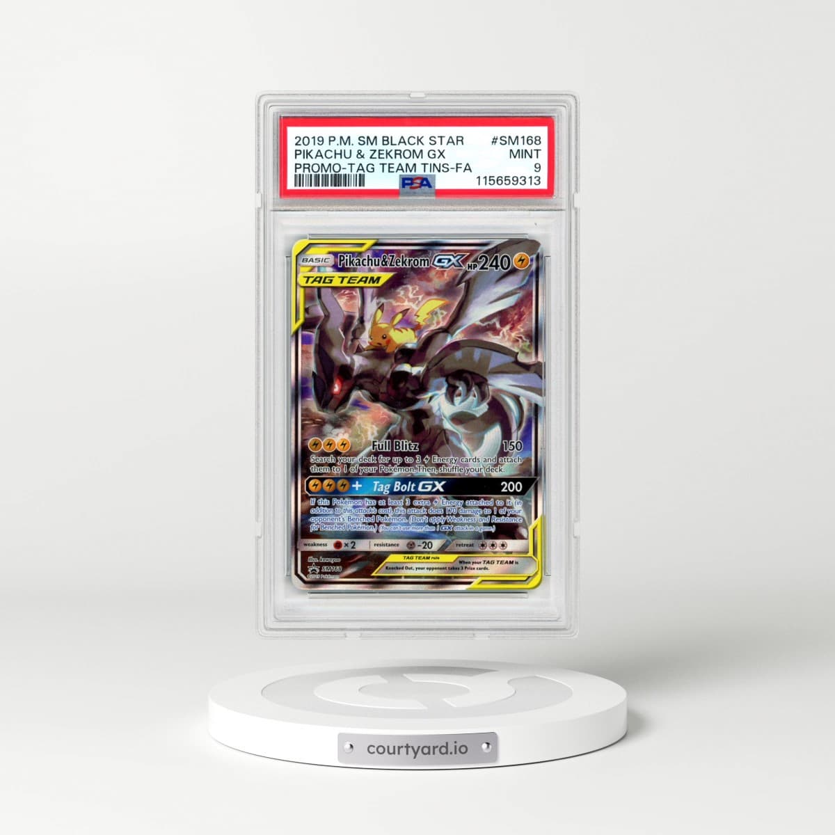 2019 Pokémon SM Black Star Promo #SM168 Pikachu & Zekrom GX - Holo Full Art Tag Team Tins (PSA 9 MINT)