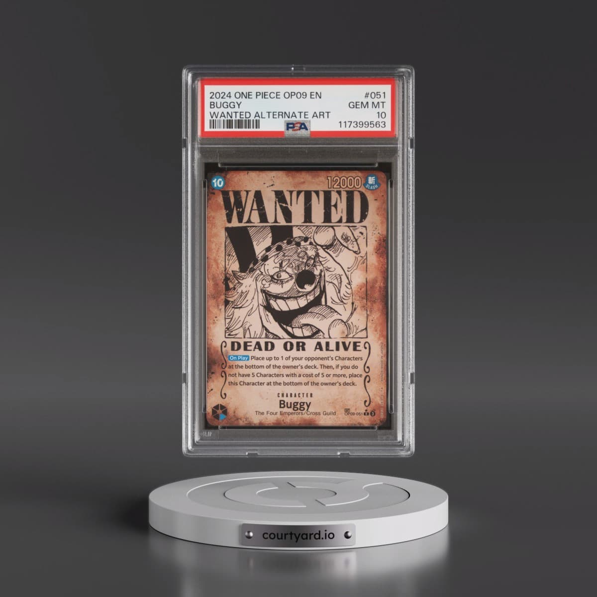 2024 One Piece OP09-Emperors in the New World #051 Buggy - Wanted Alternate Art (PSA 10 GEM MINT)