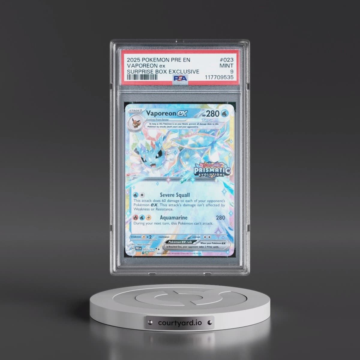 2025 Pokémon Pre EN-Prismatic Evolutions #023 Vaporeon EX - Holo Surprise Box Exclusive (PSA 9 MINT)