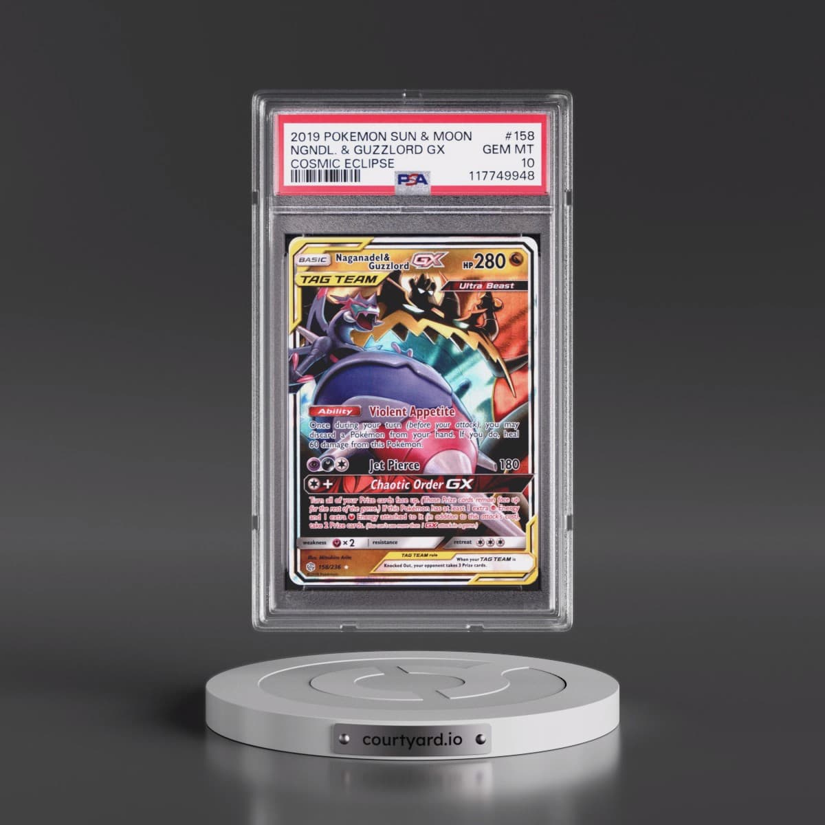 2019 Pokémon Sun & Moon Cosmic Eclipse #158 Naganadel & Guzzlord GX - Holo (PSA 10 GEM MINT)