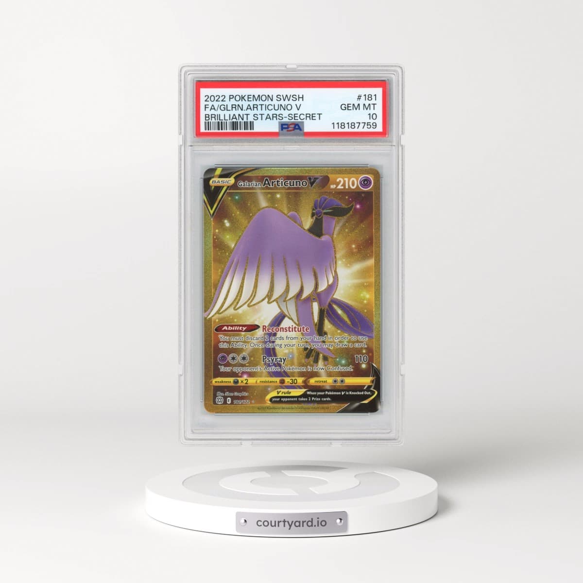 2022 Pokémon Sword & Shield Brilliant Stars #181 Galarian Articuno V - Holo Full Art Secret (PSA 10 GEM MINT)