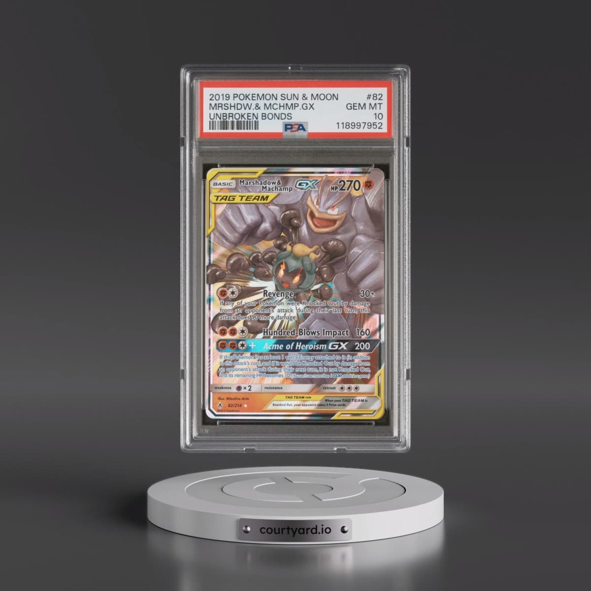 2019 Pokémon Sun & Moon Unbroken Bonds #82 Marshadow & Machamp GX - Holo (PSA 10 GEM MINT)