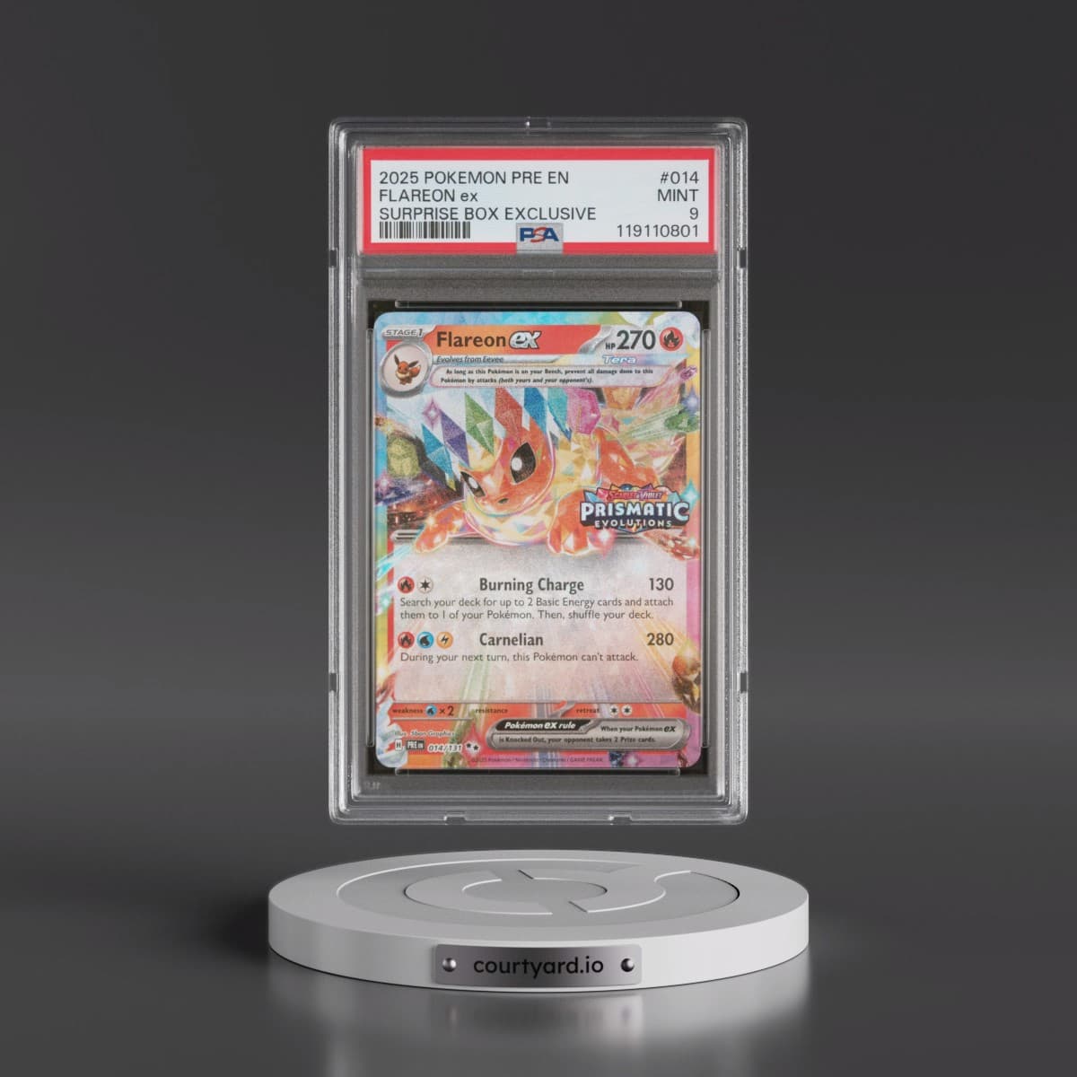 2025 Pokémon Pre EN-Prismatic Evolutions #014 Flareon EX - Holo Surprise Box Exclusive (PSA 9 MINT)