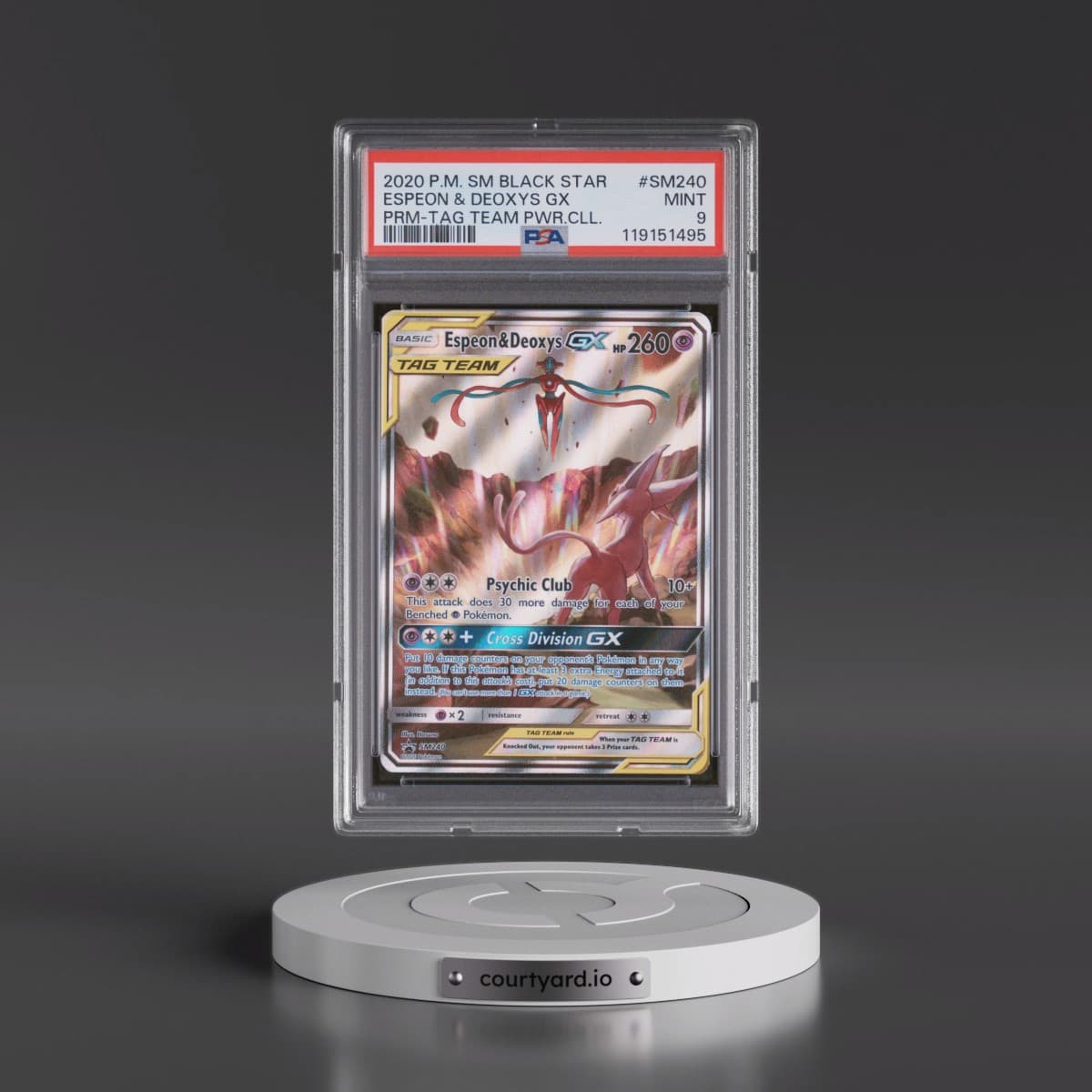 2020 Pokémon SM Black Star Promo #SM240 Espeon & Deoxys GX - Holo Tag Team Powers Collection (PSA 9 MINT)