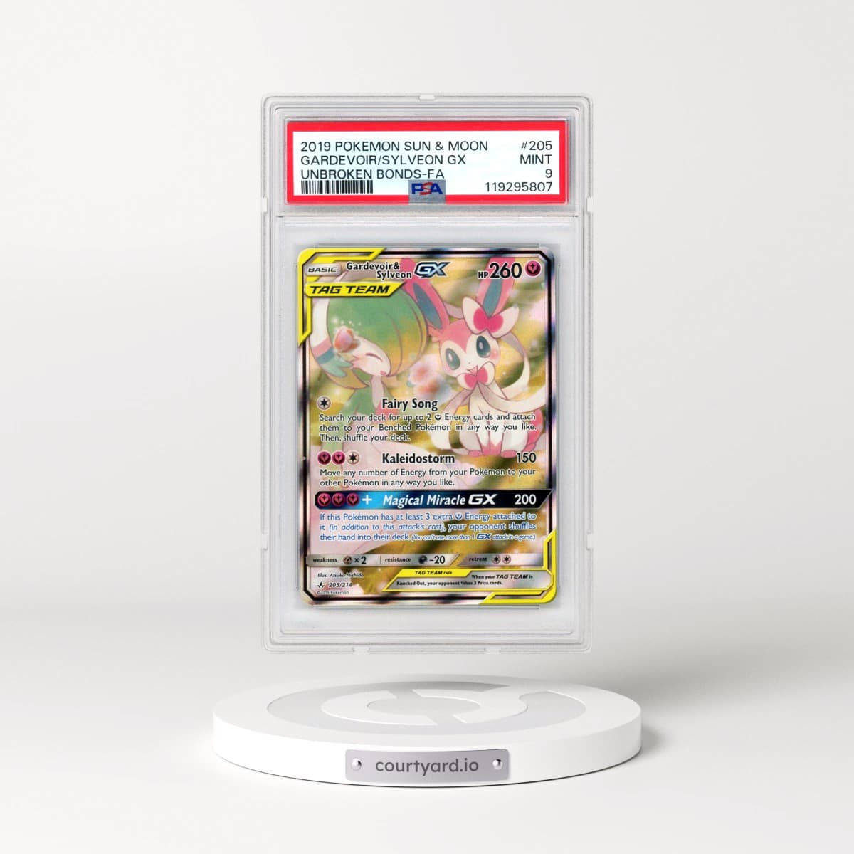 2019 Pokémon Sun & Moon Unbroken Bonds #205 Gardevoir & Sylveon GX - Holo Full Art (PSA 9 MINT)