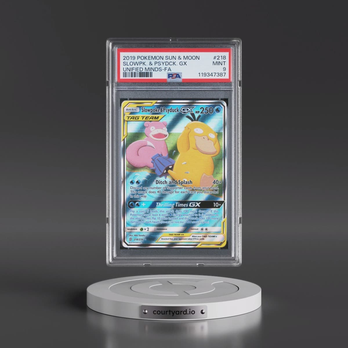 2019 Pokémon Sun & Moon Unified Minds #218 Slowpoke & Psyduck GX - Holo Full Art (PSA 9 MINT)