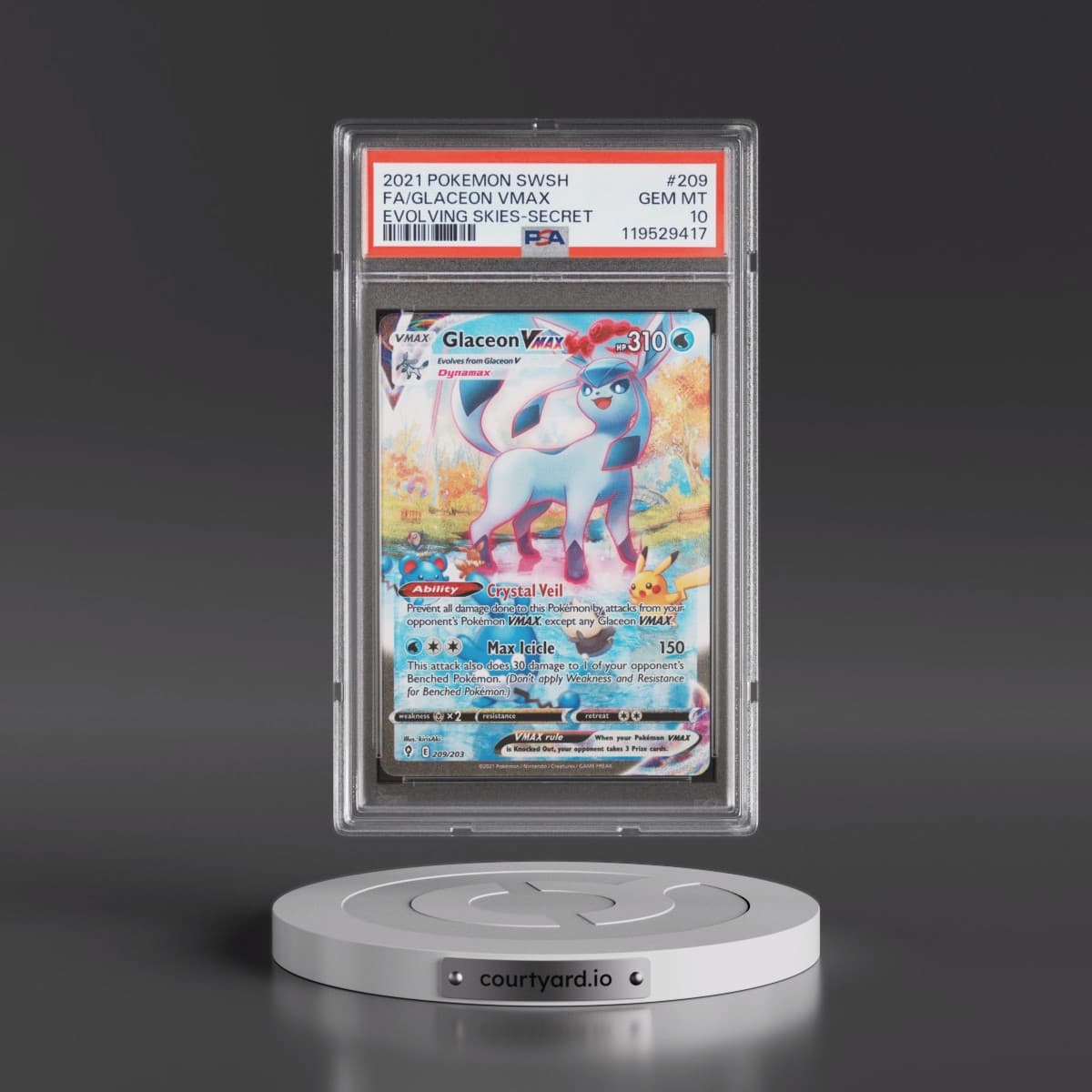 2021 Pokémon Sword & Shield Evolving Skies #209 Glaceon Vmax - Full Art Secret (PSA 10 GEM MINT)