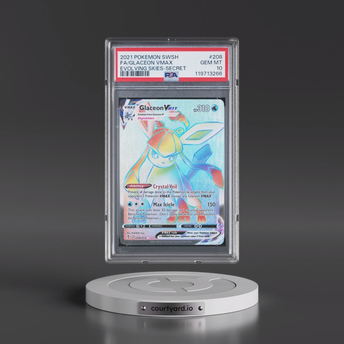 2021 Pokémon Sword & Shield Evolving Skies #208 Glaceon Vmax - Full Art Secret (PSA 10 GEM MINT)