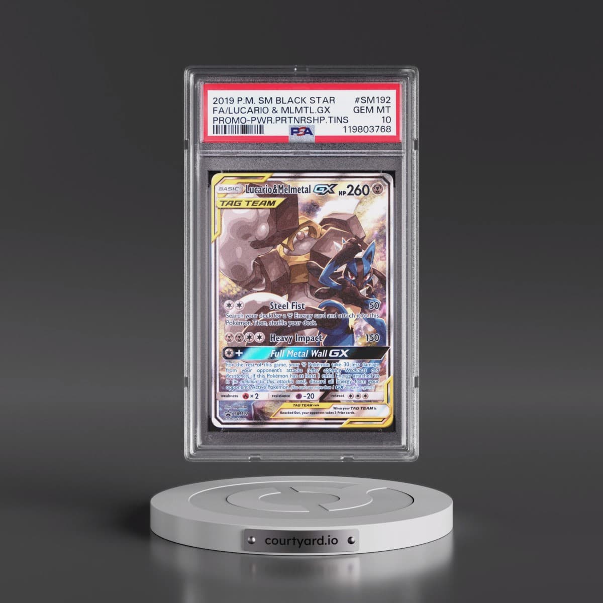 2019 Pokémon SM Black Star Promo #SM192 Lucario & Melmetal GX - Holo Full Art Power Partnership Tins (PSA 10 GEM MINT)