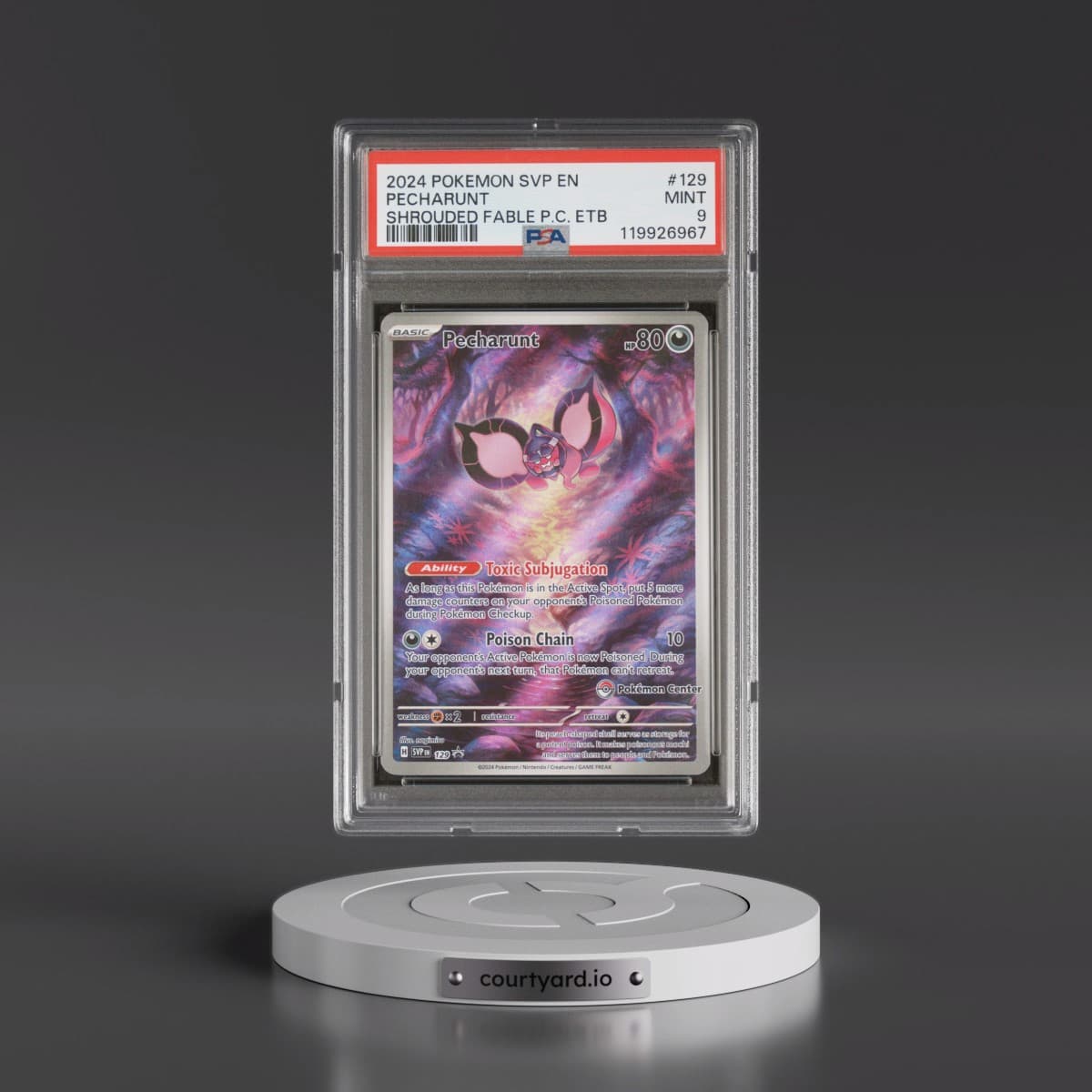 2024 Pokémon Svp EN-SV Black Star Promo #129 Pecharunt - Shrouded Fable Pokemon Center Elite Trainer Box (PSA 9 MINT)