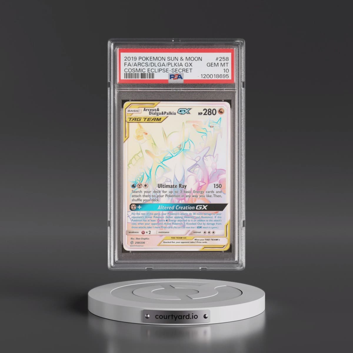2019 Pokémon Sun & Moon Cosmic Eclipse #258 Arceus & Dialga & Palkia GX - Holo Full Art Secret (PSA 10 GEM MINT)