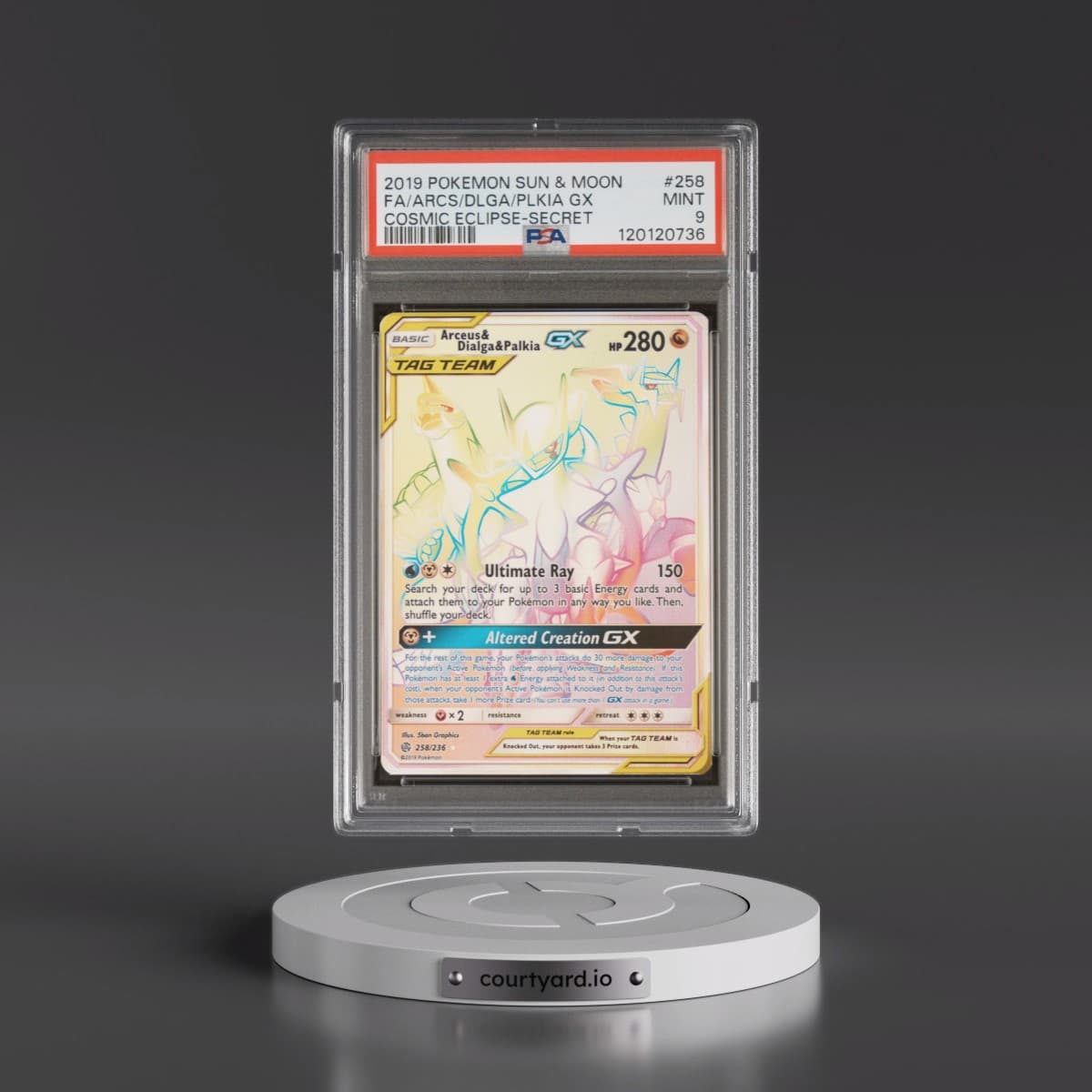 2019 Pokémon Sun & Moon Cosmic Eclipse #258 Arceus & Dialga & Palkia GX - Holo Full Art Secret (PSA 9 MINT)