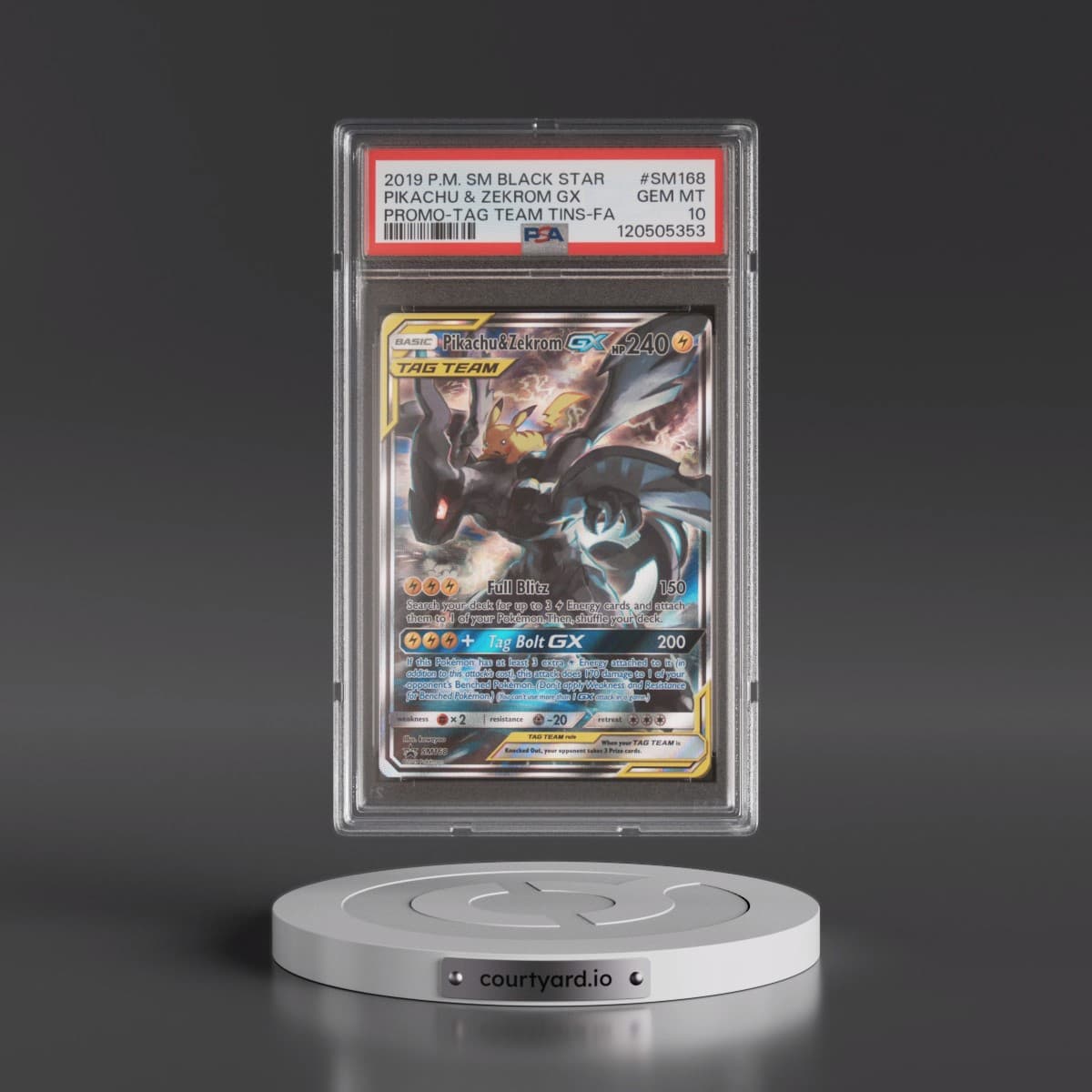 2019 Pokémon SM Black Star Promo #SM168 Pikachu & Zekrom GX - Holo Full Art Tag Team Tins (PSA 10 GEM MINT)