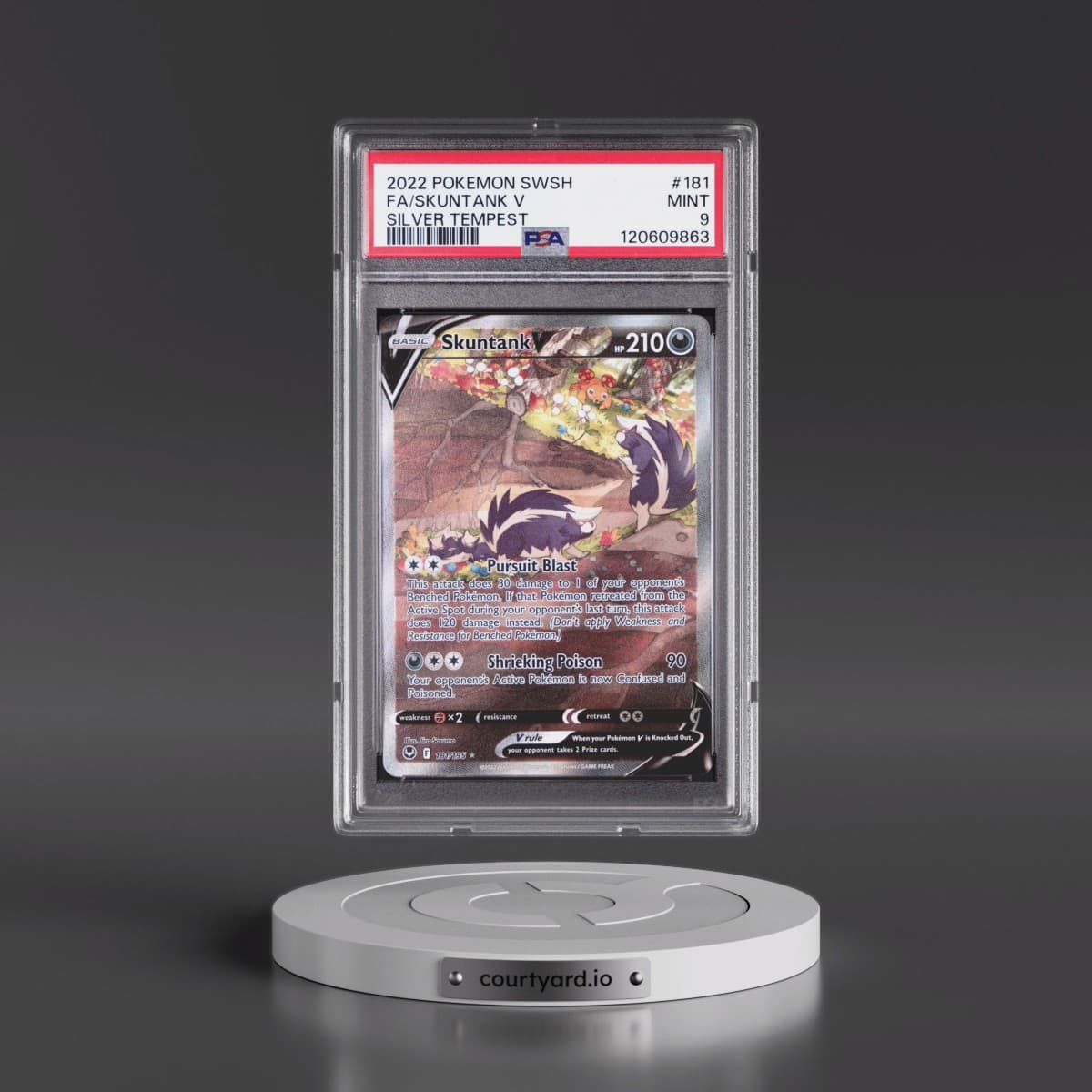 2022 Pokémon Sword & Shield Silver Tempest #181 Skuntank V - Holo Full Art (PSA 9 MINT)
