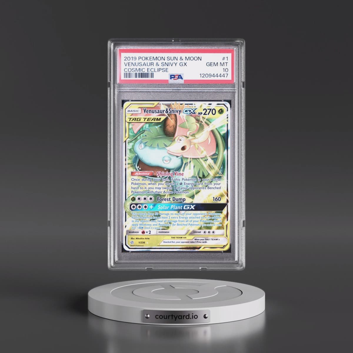 2019 Pokémon Sun & Moon Cosmic Eclipse #1 Venusaur & Snivy GX - Holo (PSA 10 GEM MINT)