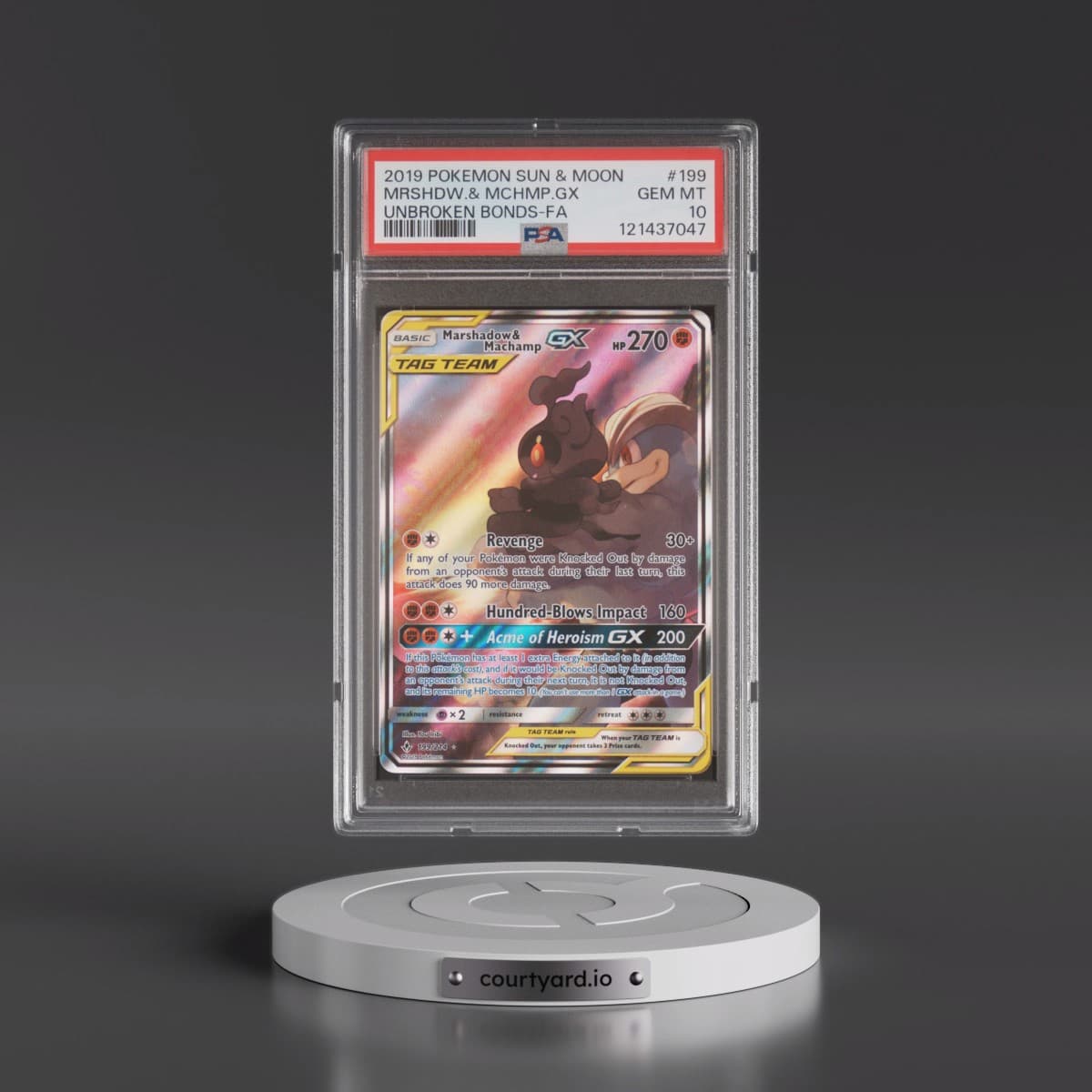 2019 Pokémon Sun & Moon Unbroken Bonds #199 Marshadow & Machamp GX - Holo Full Art (PSA 10 GEM MINT)