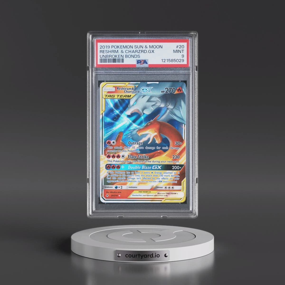 2019 Pokémon Sun & Moon Unbroken Bonds #20 Reshiram & Charizard GX - Holo (PSA 9 MINT)