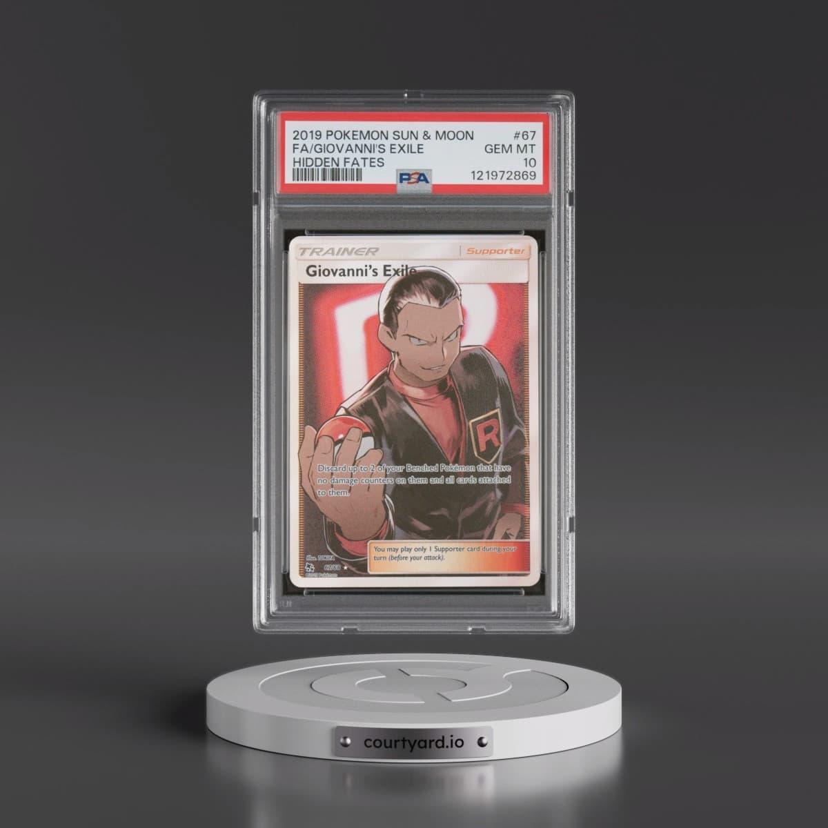 2019 Pokémon Sun & Moon Hidden Fates #67 Giovanni's Exile - Full Art (PSA 10 GEM MINT)