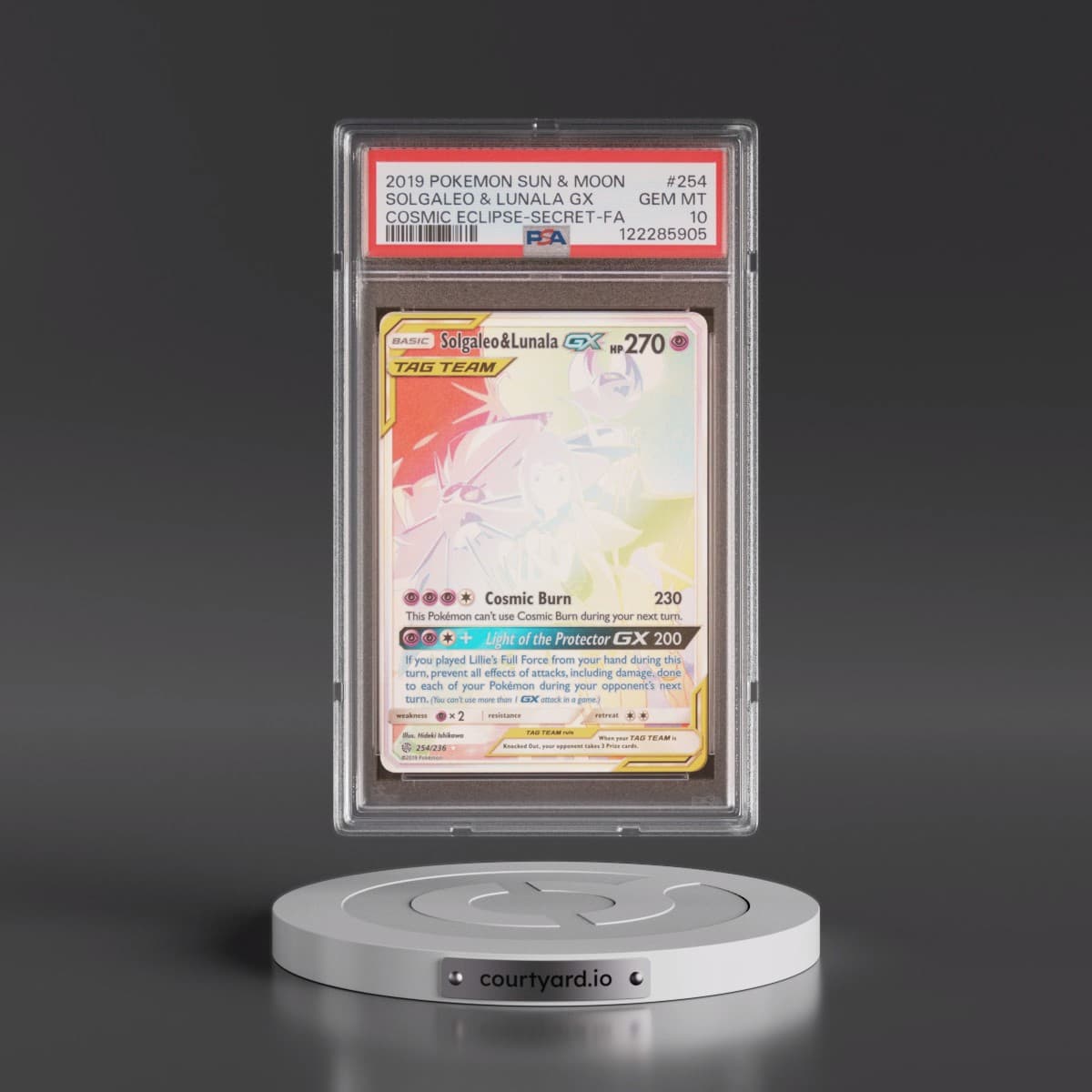 2019 Pokémon Sun & Moon Cosmic Eclipse #254 Solgaleo & Lunala GX - Holo Full Art Secret (PSA 10 GEM MINT)