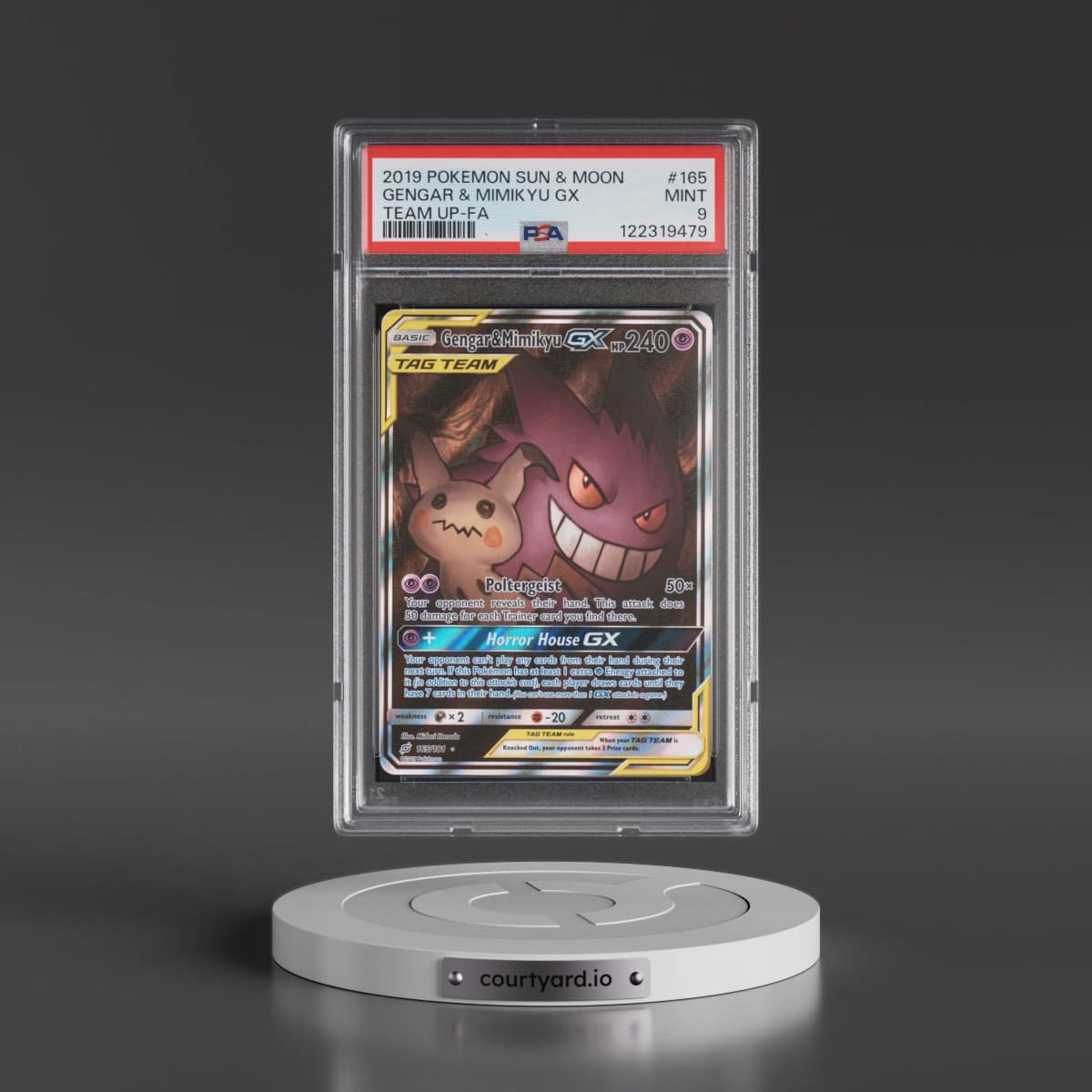 2019 Pokémon Sun & Moon Team Up #165 Gengar & Mimikyu GX - Holo Full Art (PSA 9 MINT)