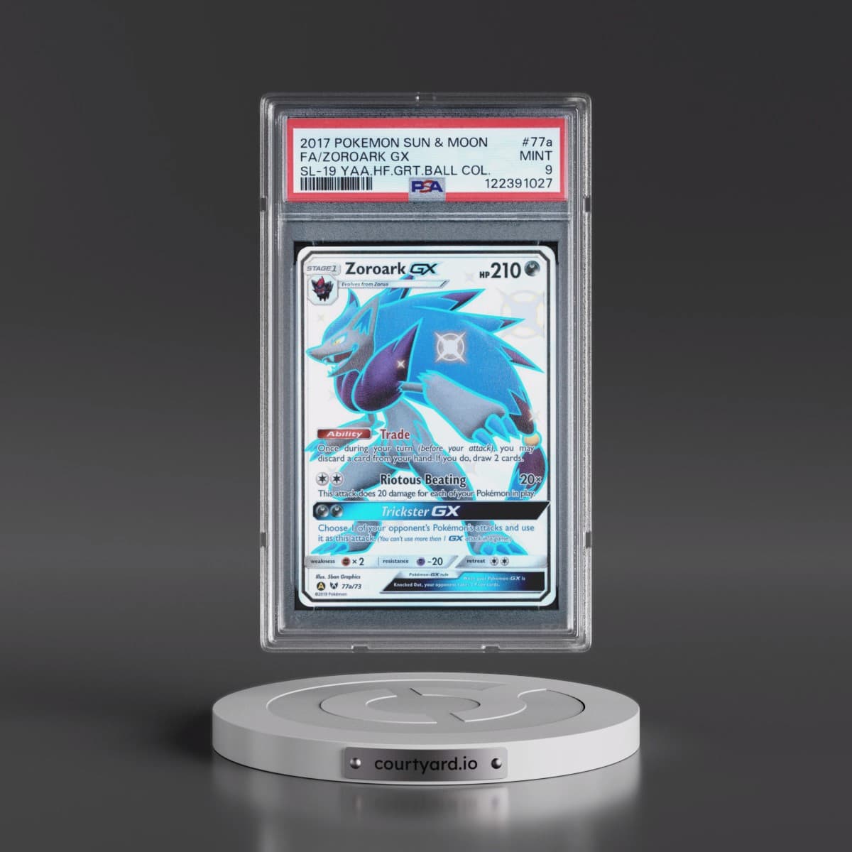 2017 Pokémon Sun & Moon Shining Legends #77a Zoroark GX - Holo Full Art 2019 Yellow A Alternate Art Hidden Fates Great Ball Collection (PSA 9 MINT)