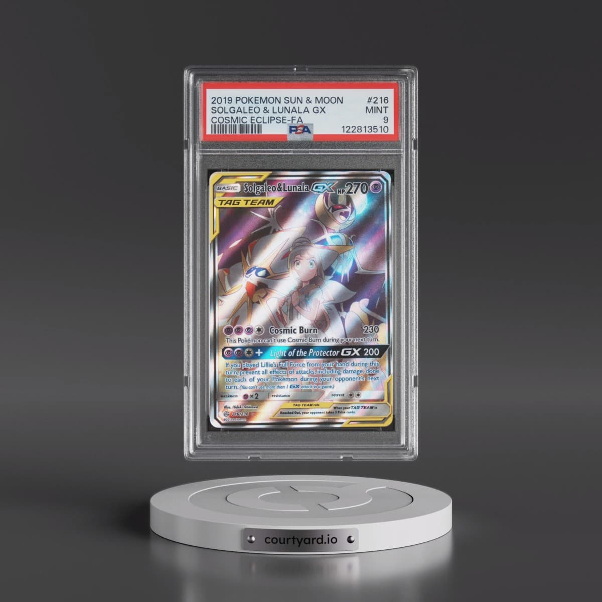 2019 Pokémon Sun & Moon Cosmic Eclipse #216 Solgaleo & Lunala GX - Holo Full Art (PSA 9 MINT)