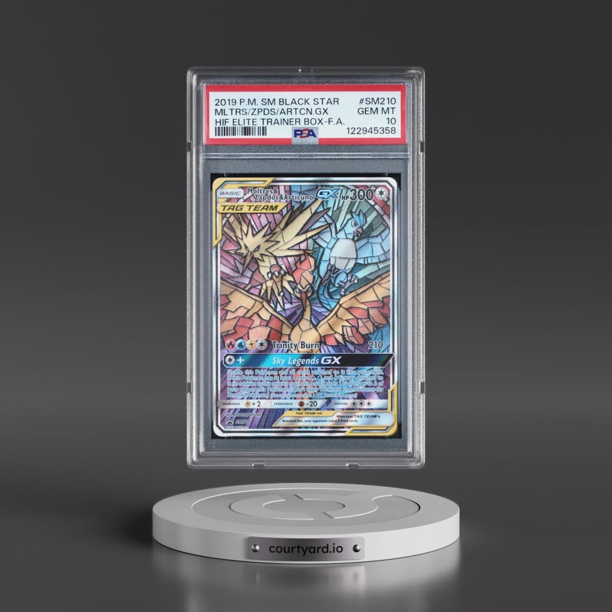 2019 Pokémon SM Black Star Promo #SM210 Moltres & Zapdos & Articuno GX - Holo Full Art Hidden Fates Elite Trainer Box (PSA 10 GEM MINT)