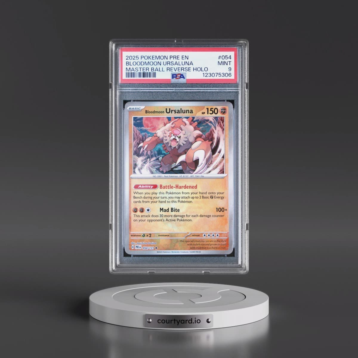 2025 Pokémon Pre EN-Prismatic Evolutions #054 Bloodmoon Ursaluna - Reverse Holo Master Ball (PSA 9 MINT)