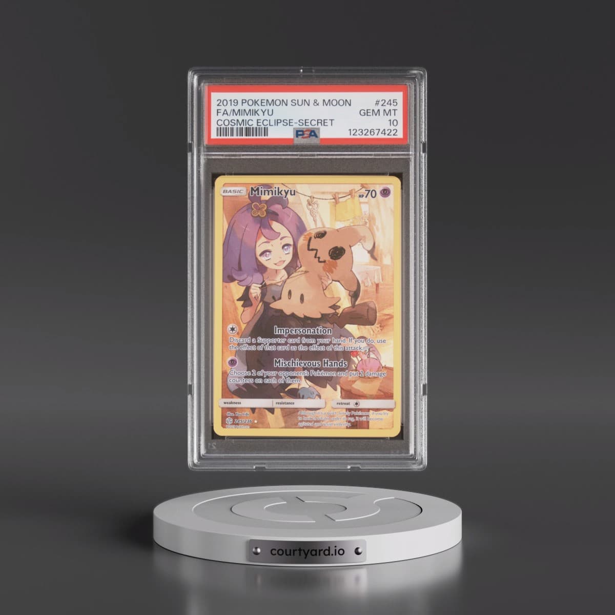2019 Pokémon Sun & Moon Cosmic Eclipse #245 Mimikyu - Full Art Secret (PSA 10 GEM MINT)