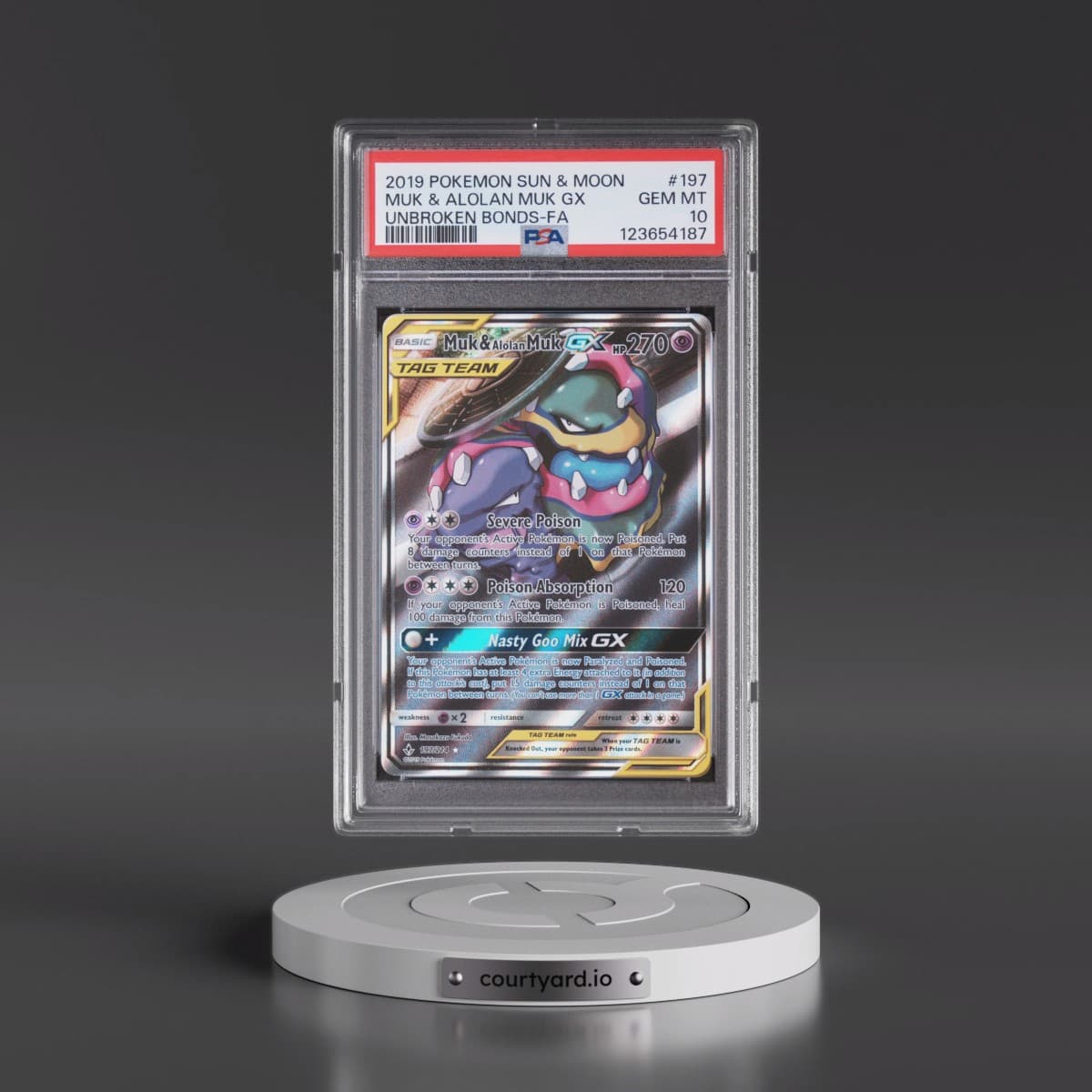 2019 Pokémon Sun & Moon Unbroken Bonds #197 Muk & Alolan Muk GX - Holo Full Art (PSA 10 GEM MINT)