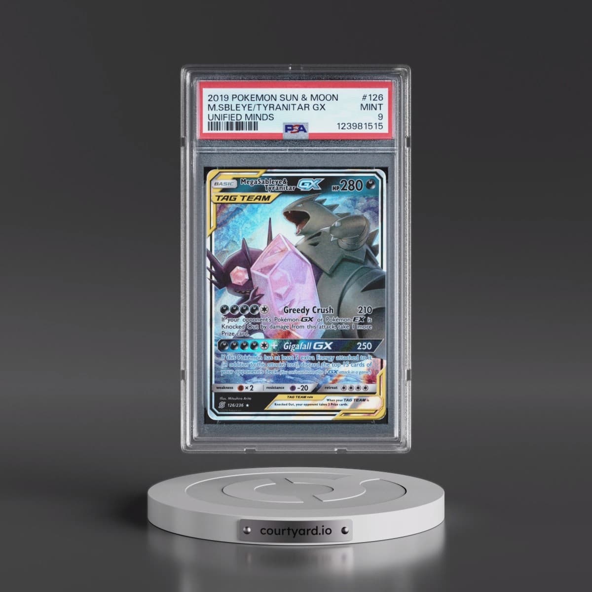 2019 Pokémon Sun & Moon Unified Minds #126 Mega Sableye & Tyranitar GX - Holo (PSA 9 MINT)