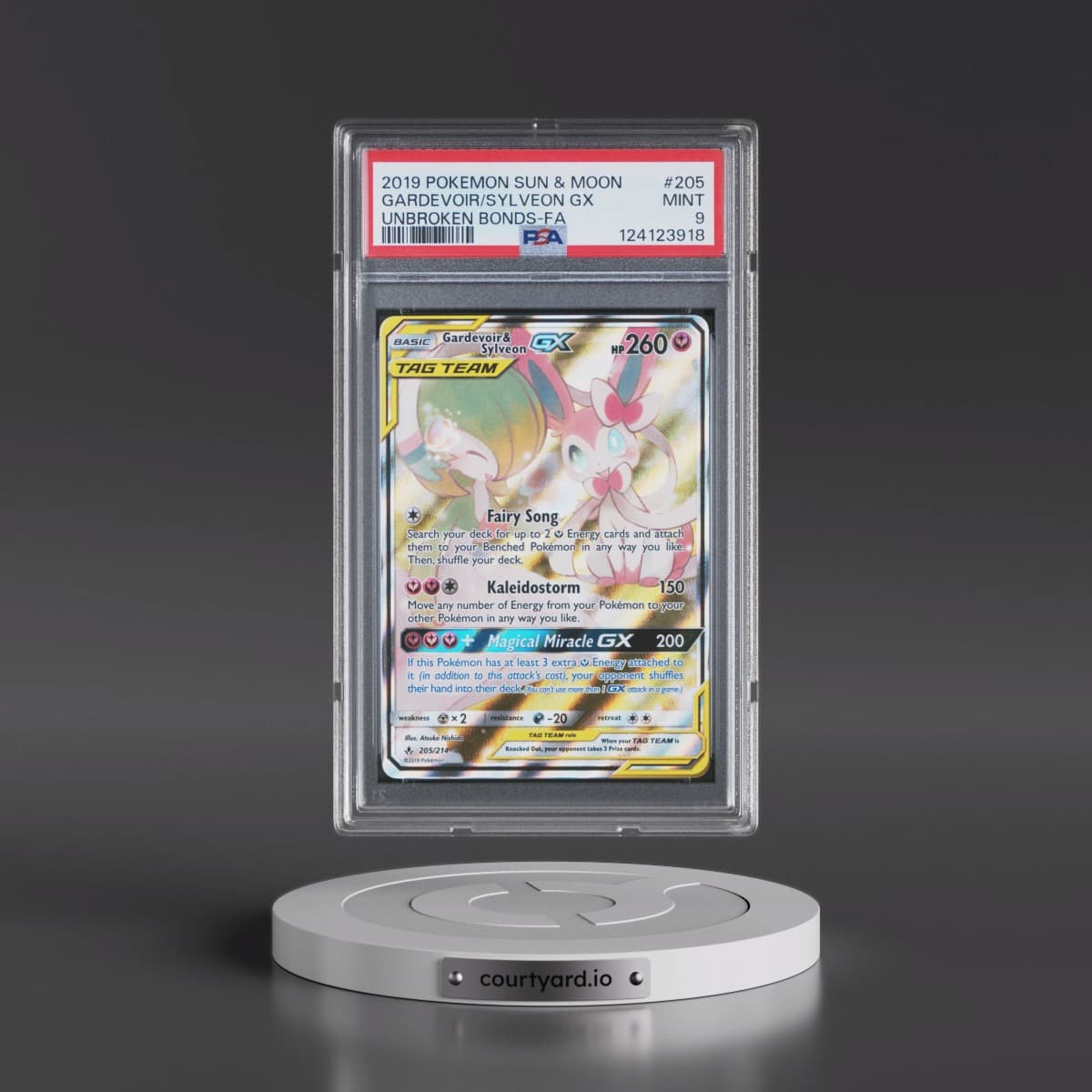 2019 Pokémon Sun & Moon Unbroken Bonds #205 Gardevoir & Sylveon GX - Holo Full Art (PSA 9 MINT)